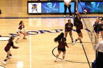 PVHS Volleyball players attempt to keep the rally going on the road against Moapa Valley. (Jaco ...