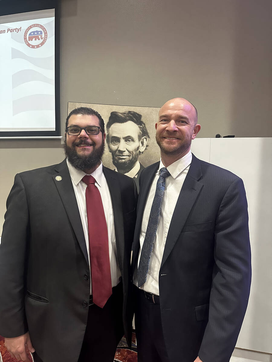 Nye County Republican Party Chairman Leo Blundo (left) and Nevada State Controller Andy Matthew ...