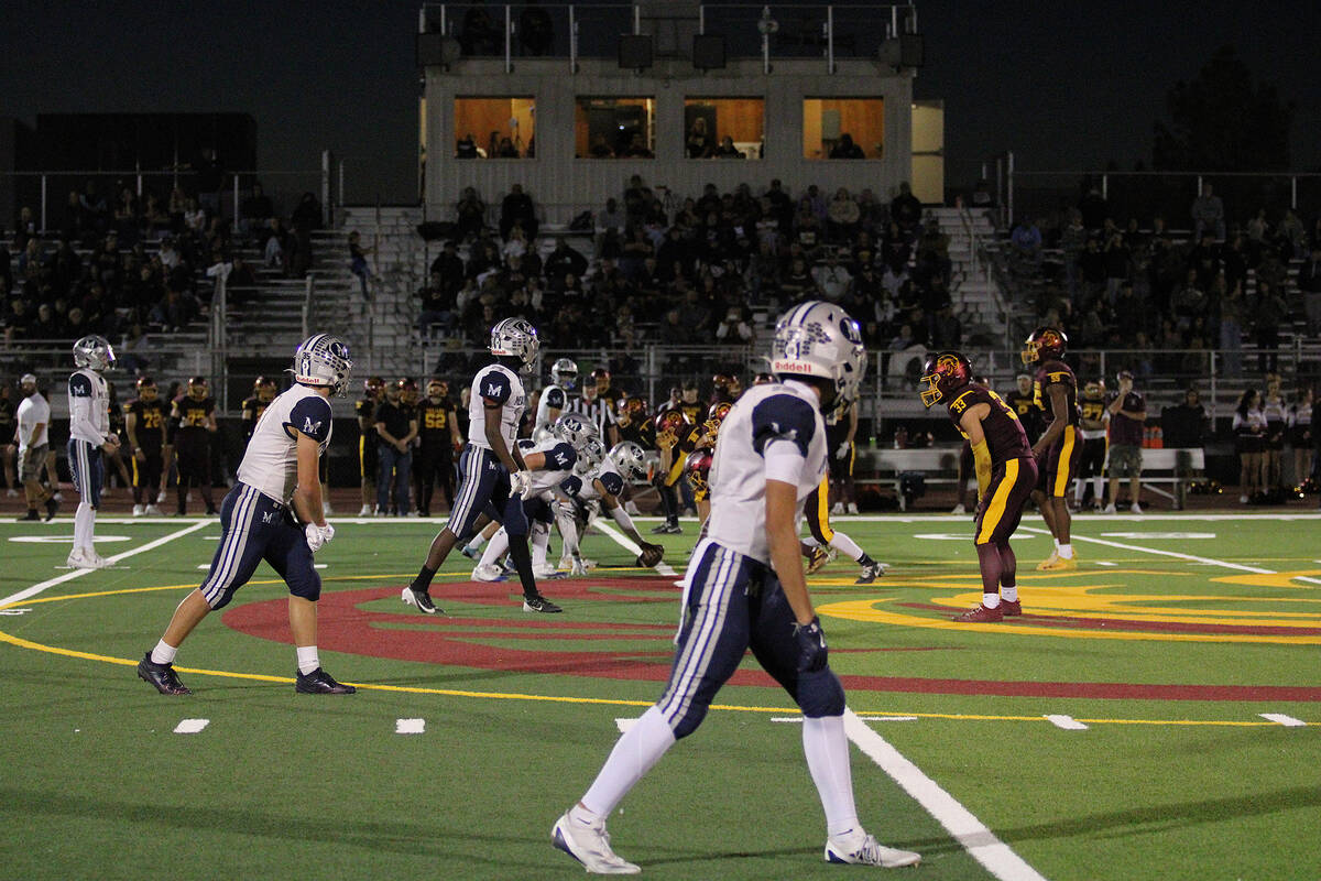 The Meadows offense lines up shy just before the 50-yard line in the Class 3A Southern League q ...