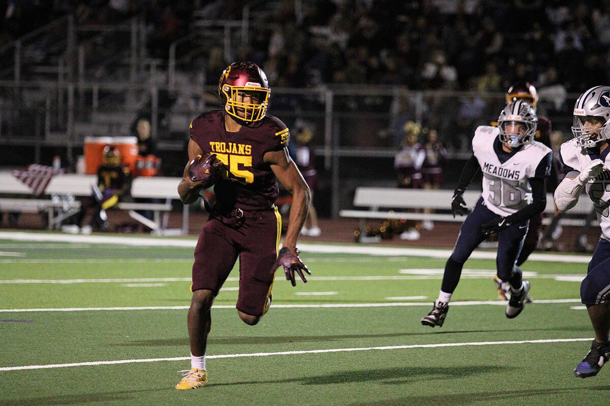Pahrump Valley High School junior OLB Iyan Bosket gains some yards on the ground in a playoff g ...