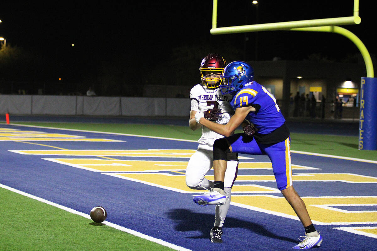 PVHS junior WR/CB Ryan Hamlin is able to force an incomplete pass against Moapa Valley senior J ...