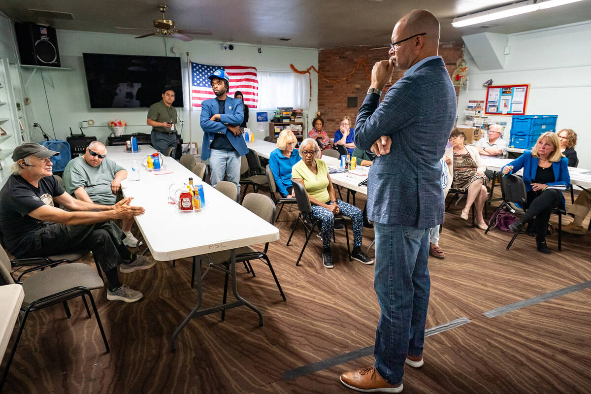 After speaking to the crowd, Nevada Attorney General Aaron Ford answered questions from attende ...