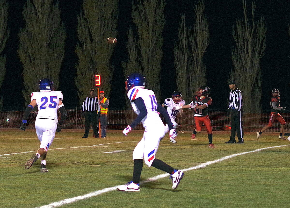 Tonopah High School sophomore Taber Otteson TE/LB reels in an 8-yard receiving touchdown agains ...
