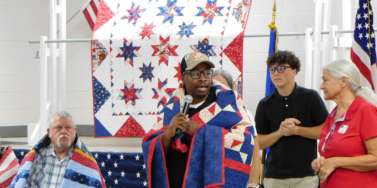 U.S. Air Force veteran Jamal Wanzo offered a few words of thanks to the Nye County Valor Quilte ...