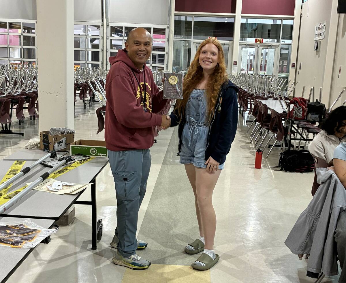 Pahrump Valley High School tennis sophomore Nyomi Skinner receives the offensive girls player o ...