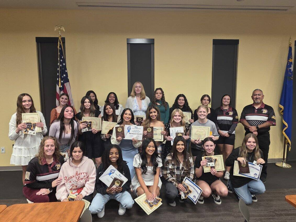The 2025 Pahrump Valley Girls Soccer program is honored at their end of the season banquet with ...