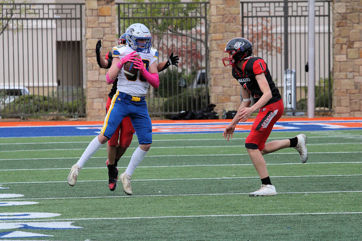 Pahranagat Valley High School senior Flint Higbee secures a catch inside the redzone during the ...