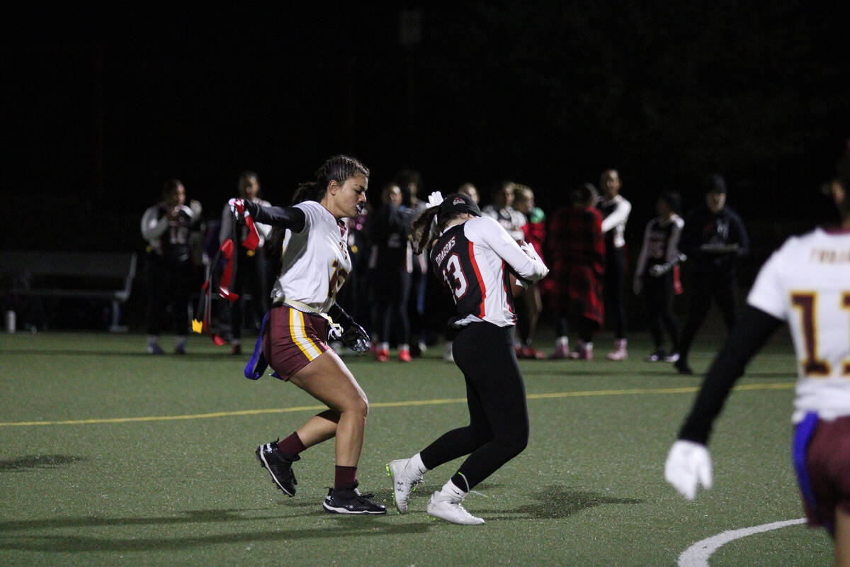 Pahrump Valley High School junior LB Ember Castaneda-Dabney comes up with a key stop on Doral R ...