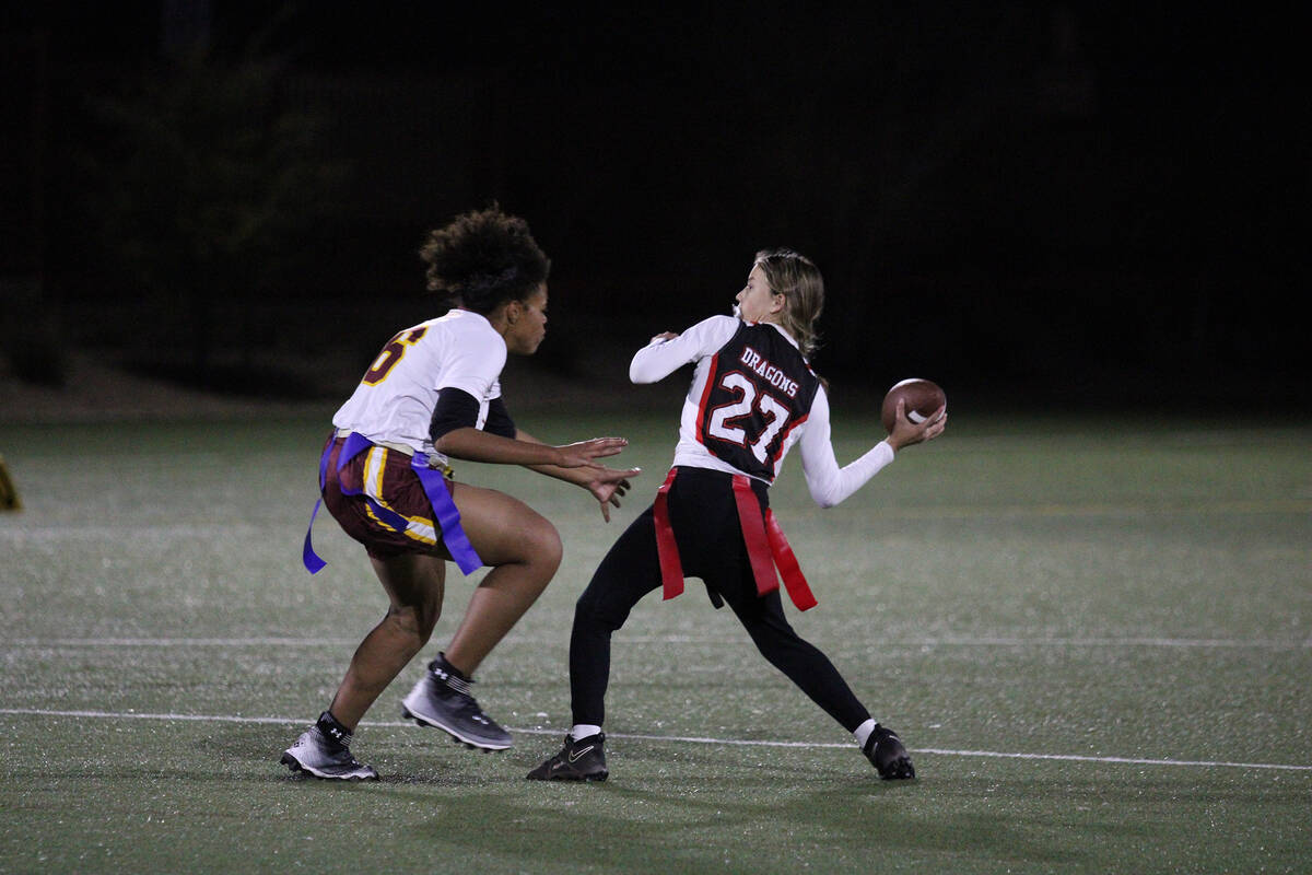 Pahrump Valley High School senior LB Aaliyah Fries puts the pressure on Doral Red Rock Academy ...