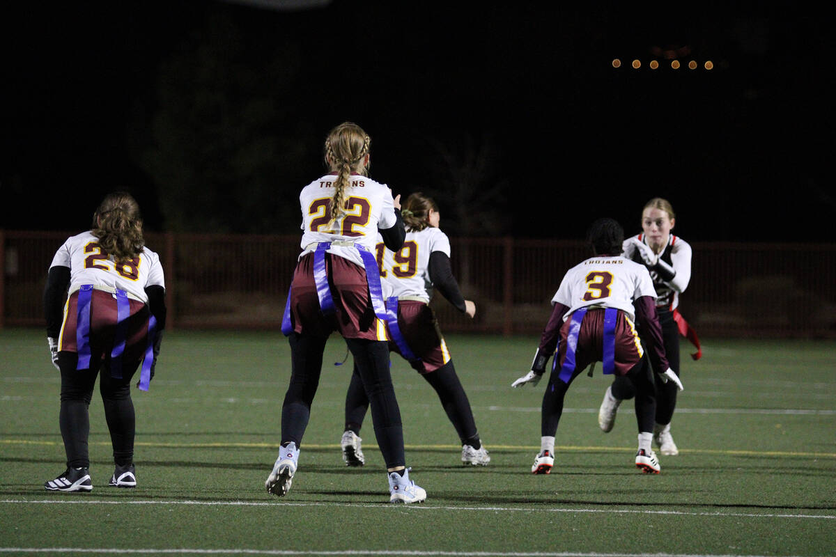 Pahrump Valley High School senior QB/WR Savannah Thompson prepares to call for the ball to be h ...