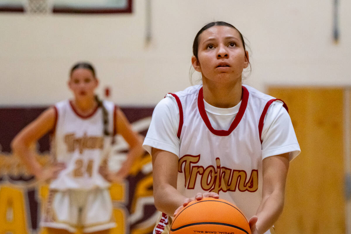 Pahrump Valley High School varsity girls basketball junior guard Autumn Colon is sent to the fr ...