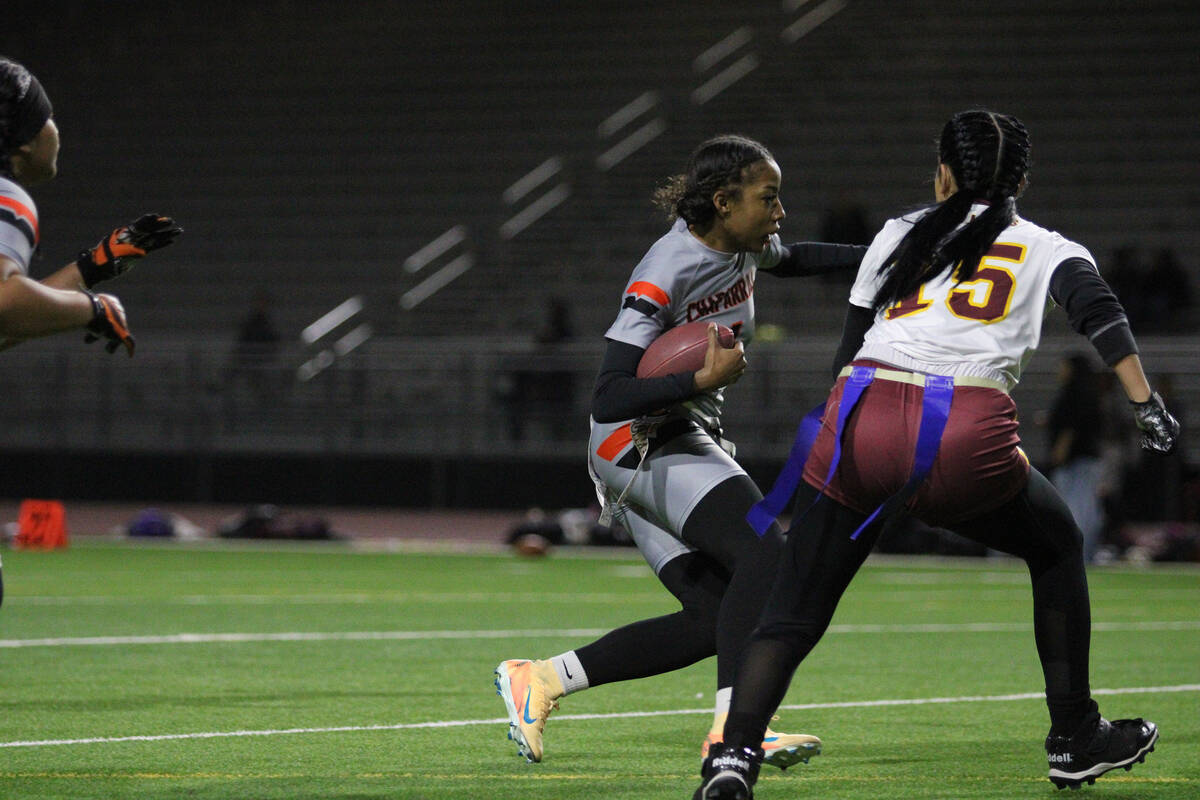 Pahrump Valley High School's Ember Castaneda-Dabney gets in perfect position to set up to make ...