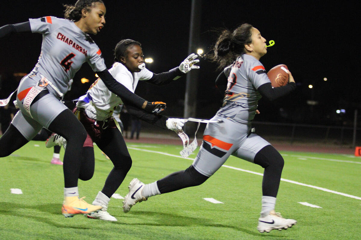 Pahrump Valley High School freshman wideout Ma'liyah Collins makes the stop on a cowboys rusher ...