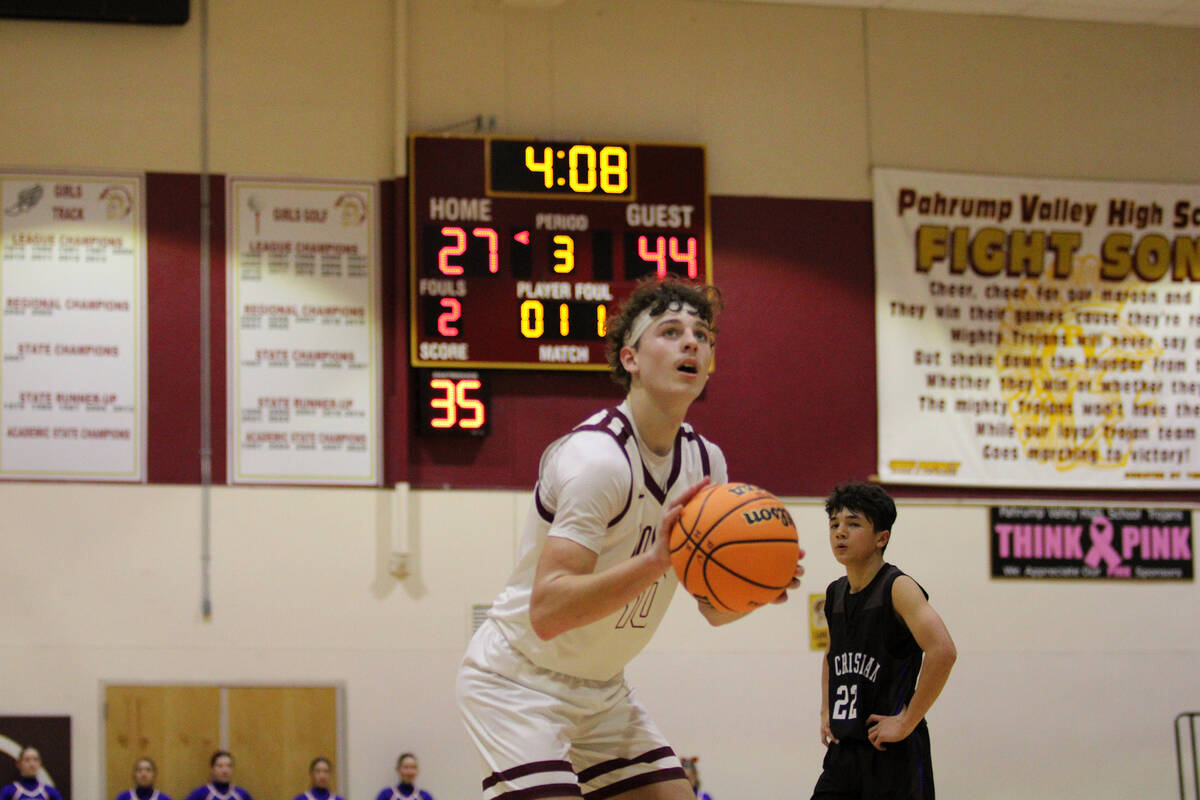 Pahrump Valley High School junior forward Lucas Gavenda is sent to the free throw line in the T ...