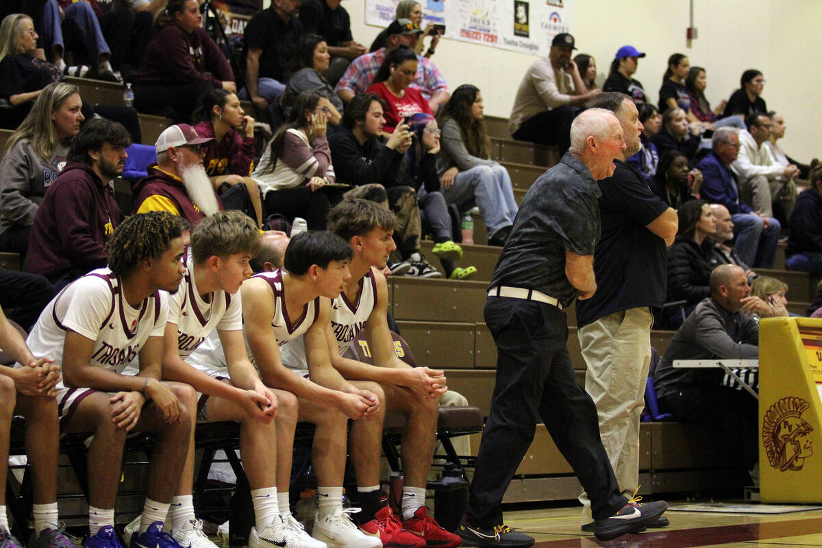 Pahrump Valley High School basketball assistant head coach Bob Hopkins screams for a change of ...