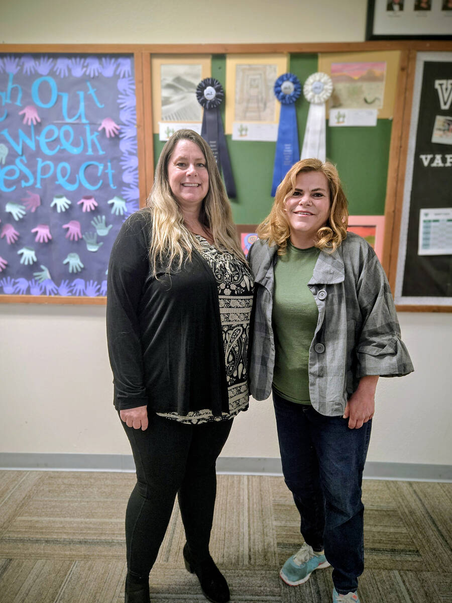 Beatty High teacher Traci Boyajian (left) accepted the donation from Beatty VFW General Manager ...