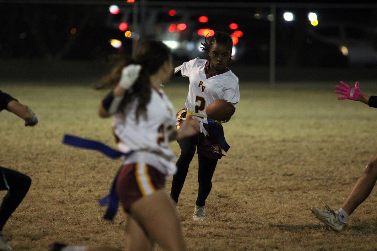 Pahrump Valley High School senior Diona Nixon tries to cut through a hole during the girls' 49- ...