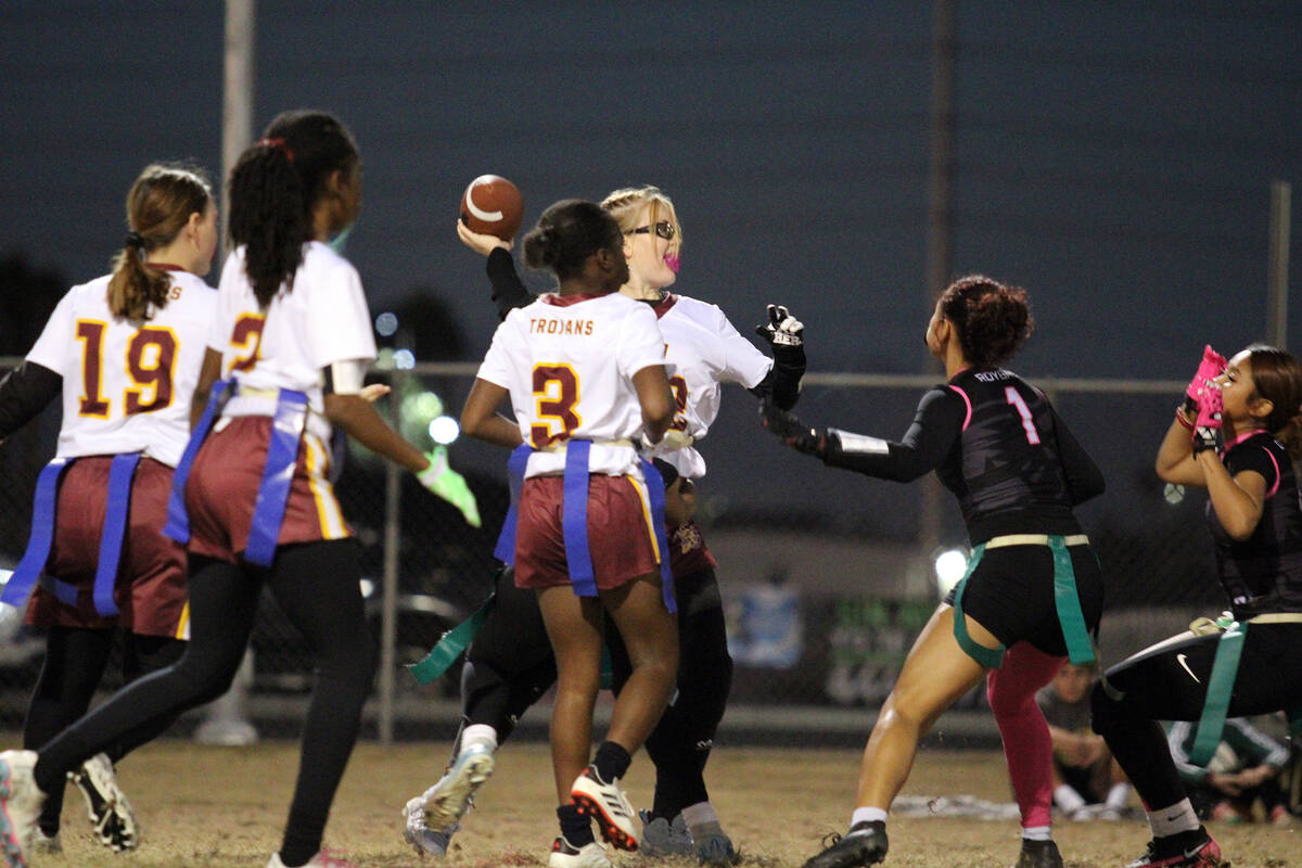 Pahrump Valley High School senior QB/WR Savannah Thompson attempts a pass for the Trojans again ...