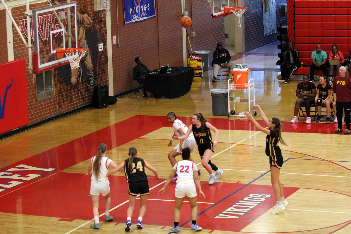 Pahrump Valley High School junior Riley Saldana sinks a free throw during the Trojans' 40-35 wi ...