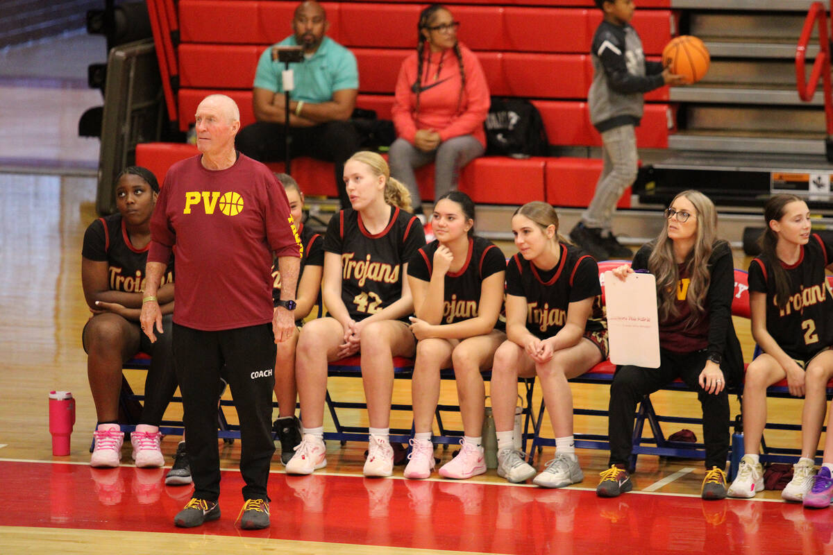 Pahrump Valley High School girls basketball head coach Bob Hopkins observes the transition of m ...