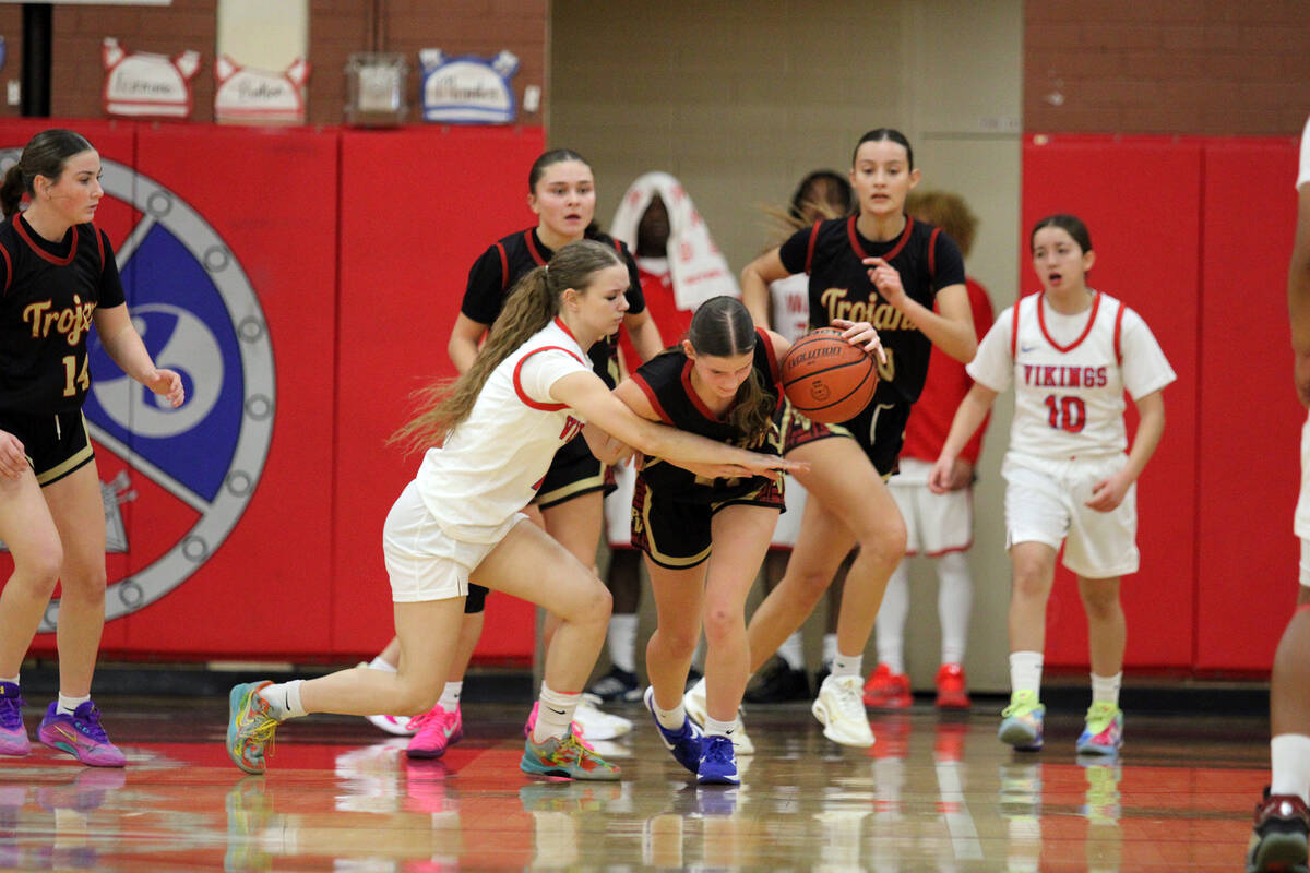 Pahrump Valley sophomore Ella Odegard delivers a clutch steal against Valley High School to hel ...