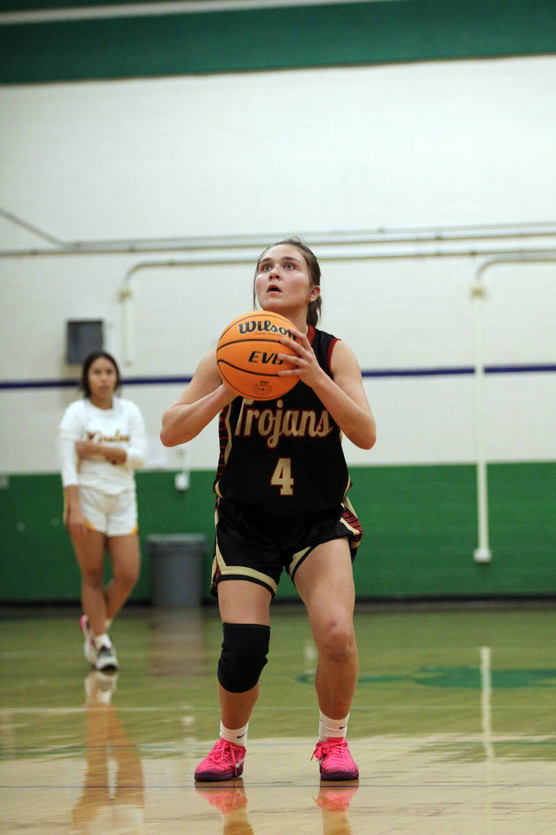 Pahrump Valley High School sophomore Aurora Bowers attempts to knock down a free-throw attempt ...