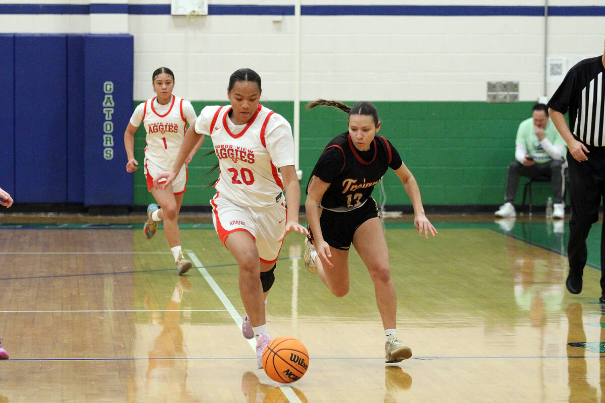 Pahrump Valley High School junior Autumn Colon sprints for control of the ball against Arbor Vi ...
