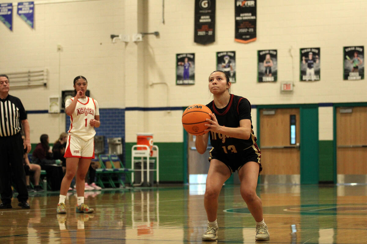 Pahrump Valley High School junior Autumn Colon attempts to knock down a free-throw late in the ...