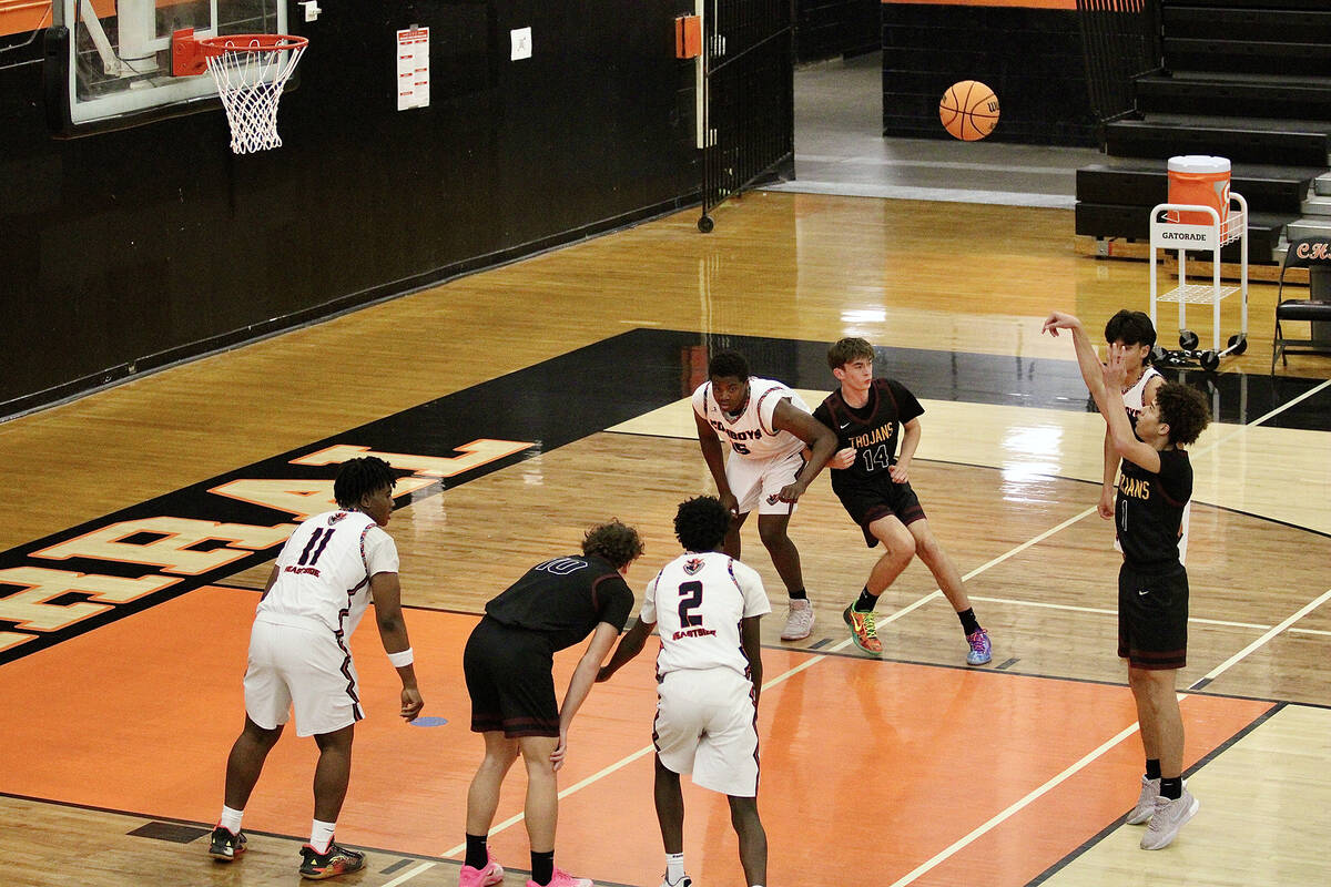 Pahrump Valley High School junior guard Trae Plein sinks a free-throw attempt against the Cowbo ...