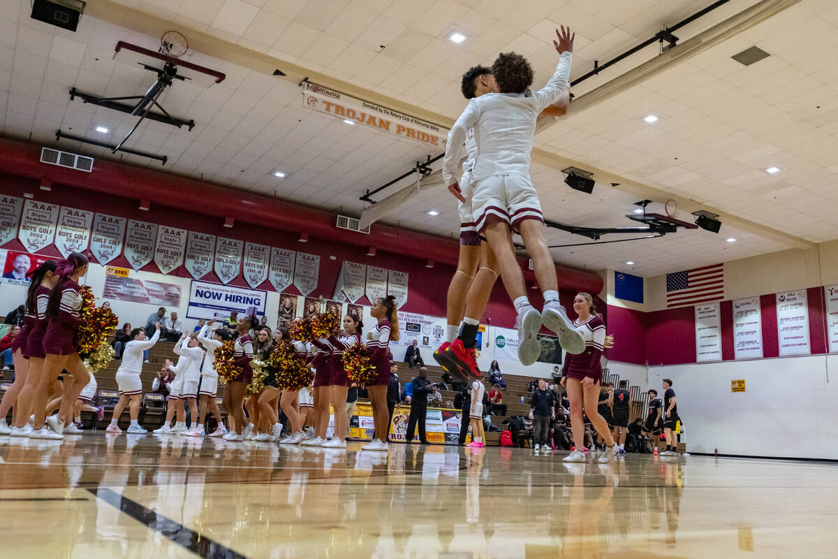 PVHS teammates Trae Plein and Aydon Veloz get some air time during their pre-game intros at hom ...