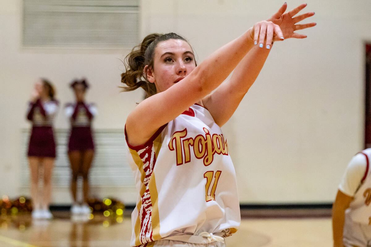 Pahrump Valley High School sophomore Kaitlyn Brown attempts a free-throw opportunity against SE ...