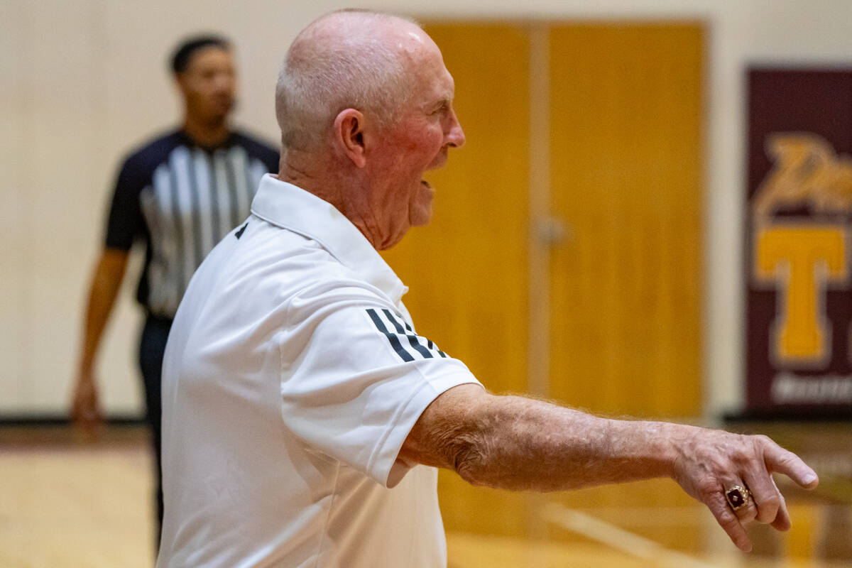 Pahrump Valley High School girls basketball head coach Bob Hopkins screams for a timeout during ...