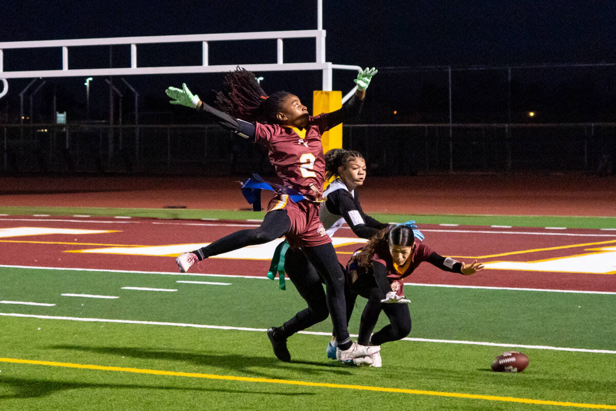 Pahrump Valley High School senior wideout Diona Nixon makes a great defensive stop on Durango d ...
