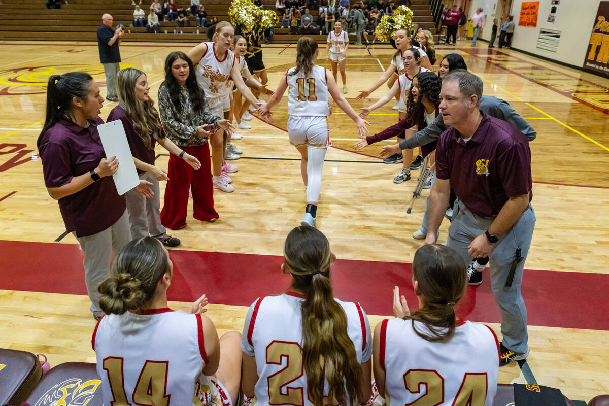 Pahrump Valley High School varsity girls basketball junior Kaitlyn Brown walks out during pre-g ...