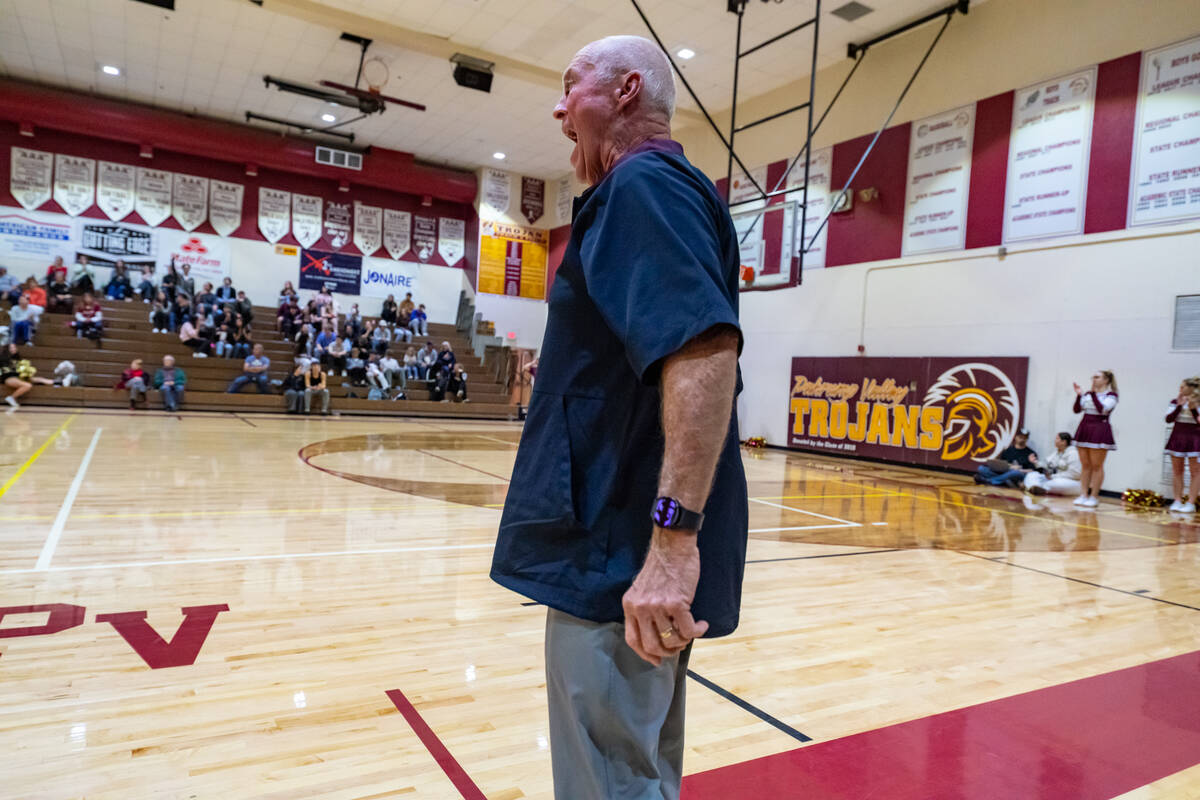 Pahrump Valley High School varsity girls basketball head coach Bob Hopkins passionately conveys ...