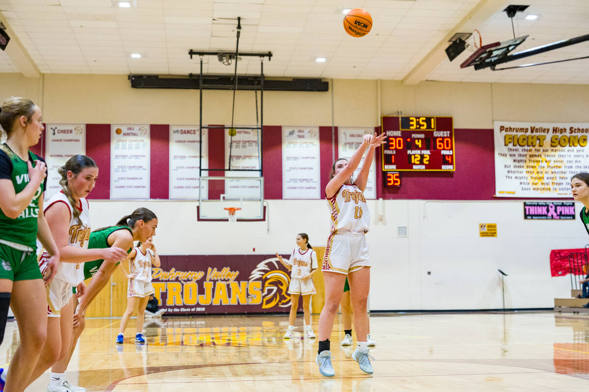 Pahrump Valley High School sophomore Kaitlyn Brown tries to synchup a perfect free-throw attemp ...