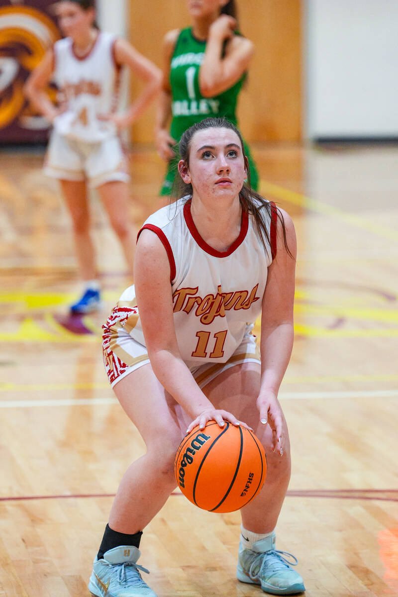 Pahrump Valley High School sophomore Kaitlyn Brown is sent to the free-throw line against Virgi ...