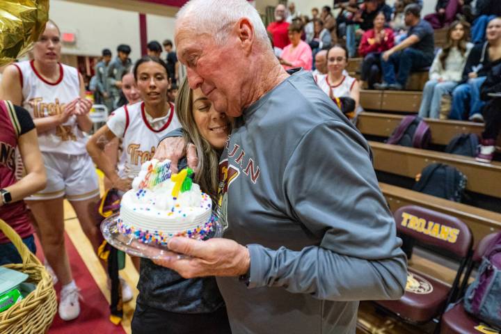 Pahrump Valley High School girls basketball coaches Bob Hopkins and daughter Darla Jean Sheppar ...