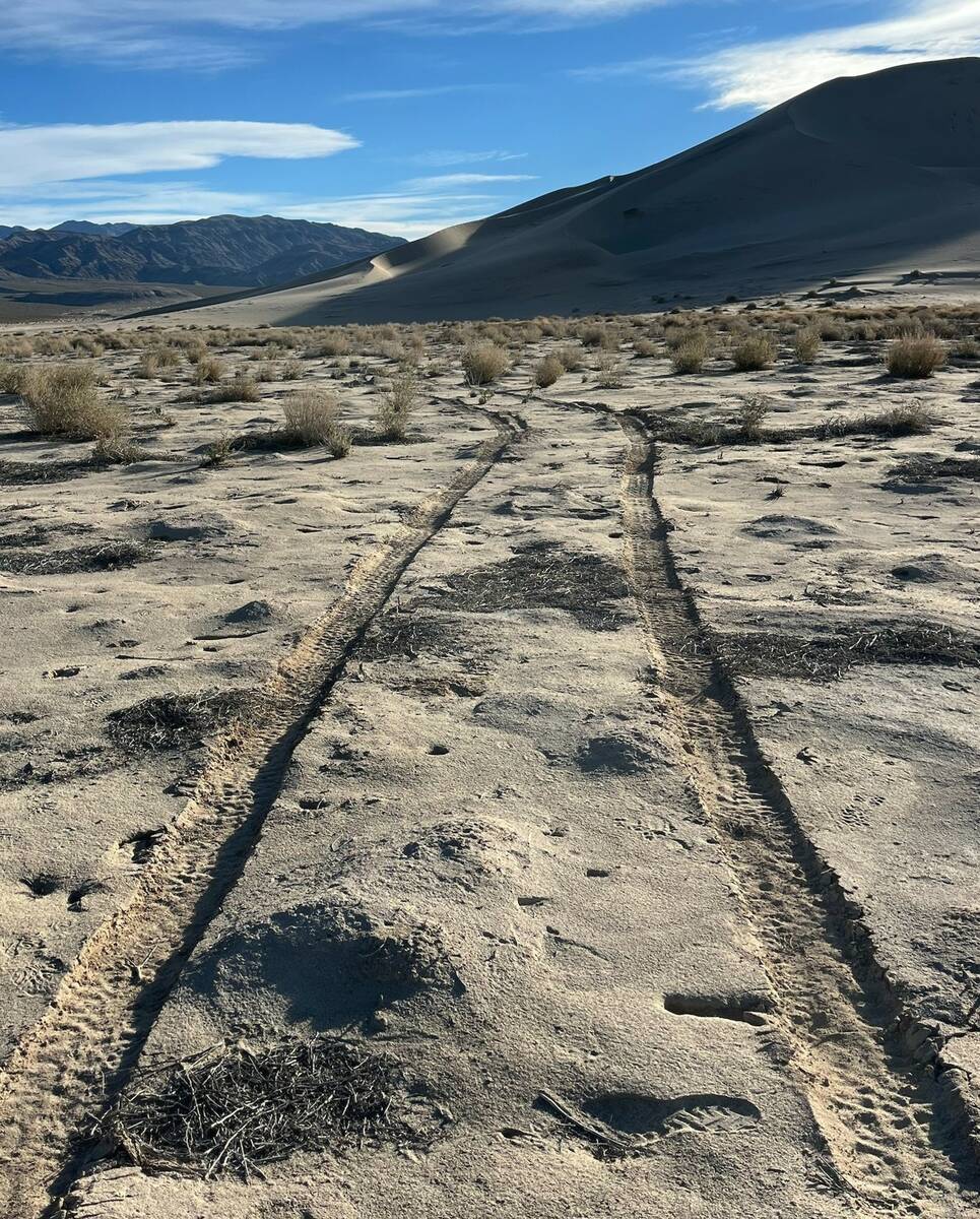 Vehicle tracks are seen in Eureka Dunes in Death Valley National Park in California. (NPS)