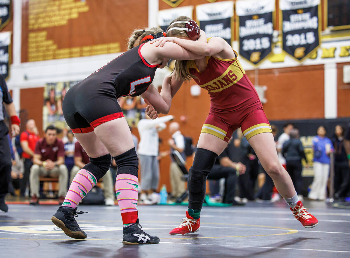 Pahrump Valley High School freshman Patience Moore duels against Lincoln County High School’s ...