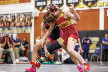 Pahrump Valley High School freshman Patience Moore duels against Las Vegas High School’s Arma ...