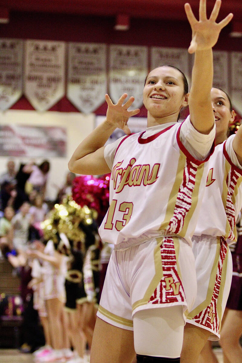 PVHS girls basketball junior Autumn Colon and senior Jules Ondrisko celebrate together prior to ...