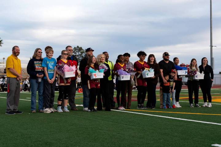 Multiple athletes from the PVHS flag football program are honored prior to kickoff against Ampl ...