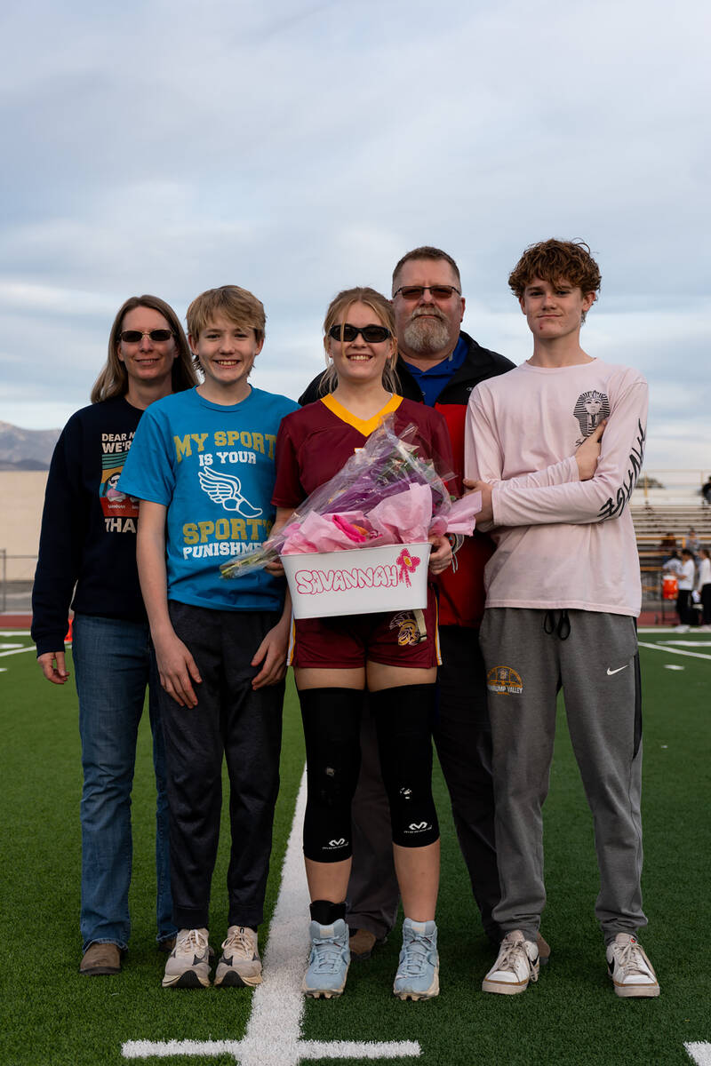 PVHS senior Savannah Thompson is honored with her family prior to kickoff against Amplus Academ ...