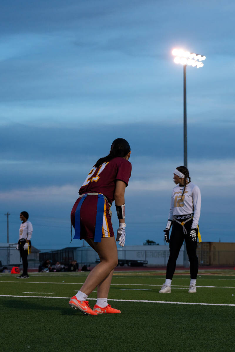 Pahrump Valley High School sophomore Mitzy Godinez lines up against an Amplus Academy wideout i ...