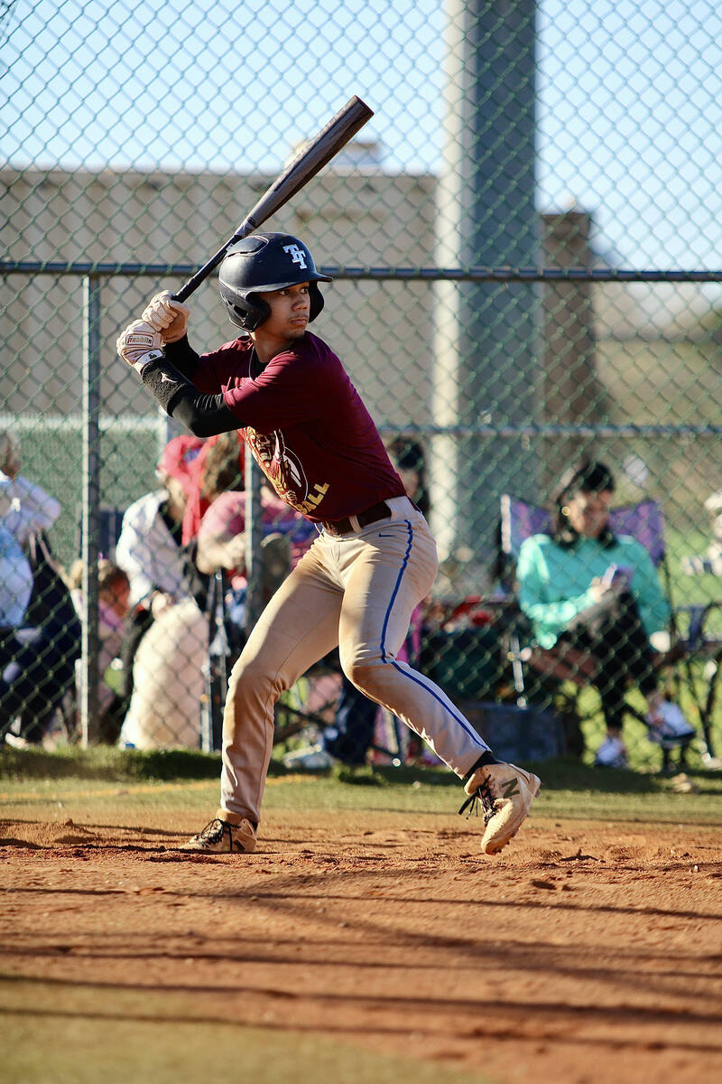 Pahrump Valley High School junior Tony Whitney waits for his pitch during a scrimmage against P ...