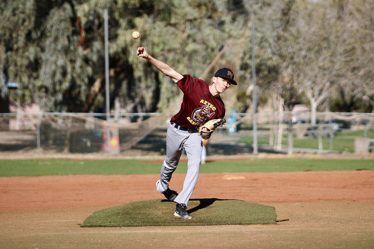 Pahrump Valley High School junior Samuel Mendoza hurls a strong inning for the Aztecs during th ...