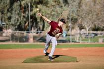 Pahrump Valley High School junior Samuel Mendoza hurls a strong inning for the Aztecs during th ...