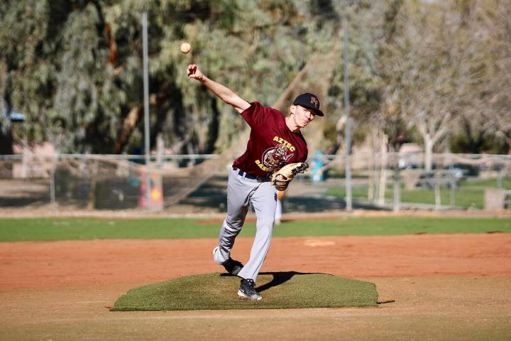 Pahrump Valley High School junior Samuel Mendoza hurls a strong inning for the Aztecs during th ...