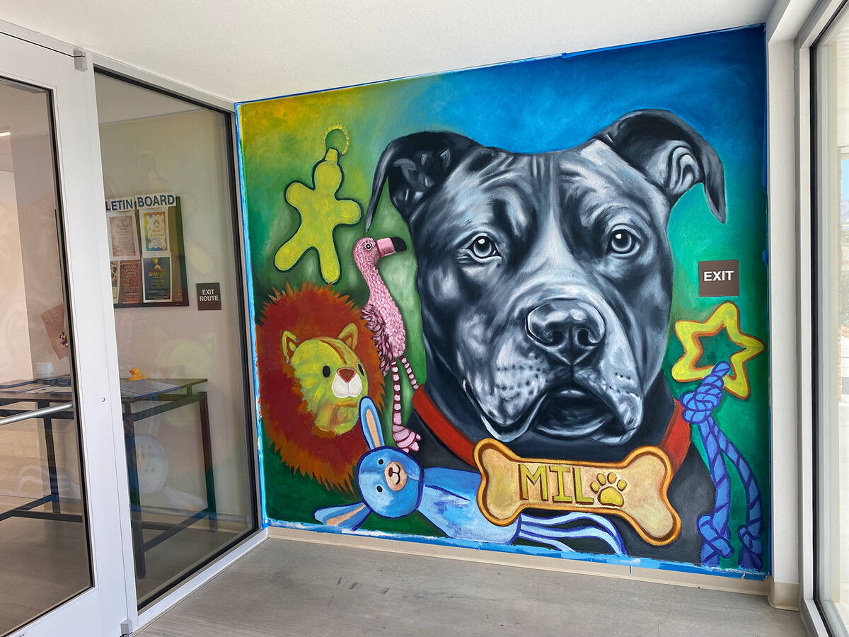 Upon entrance at the animal shelter, visitors are greeted by bright murals depicting animals, a ...